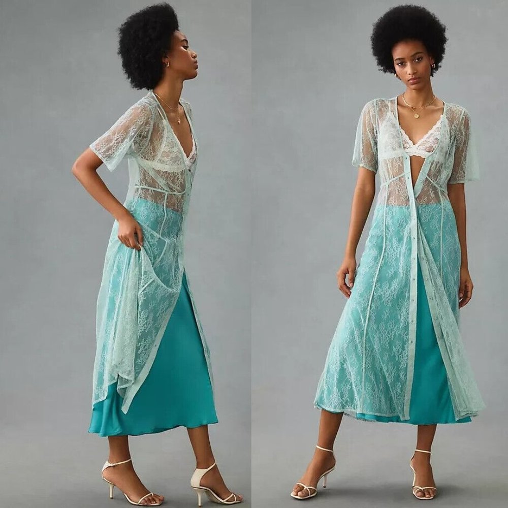 Anthropologie Seafoam Lace Overlay Midi Dress in Teal and Mint
